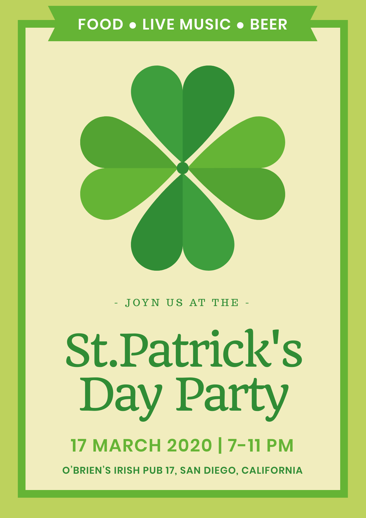 Saint Patrick's Day Clover Party –  Poster Template 1191x1684