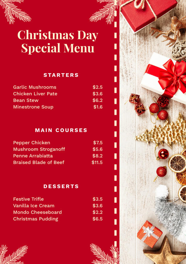 Christmas Day Red Gold Special Menu