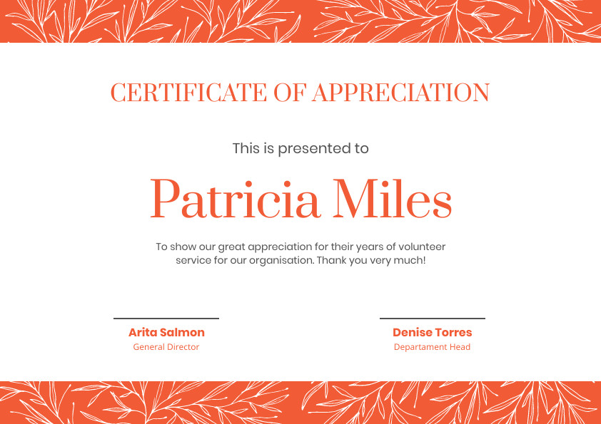 Patricia Miles Orange Volunteer  – Certificate Template