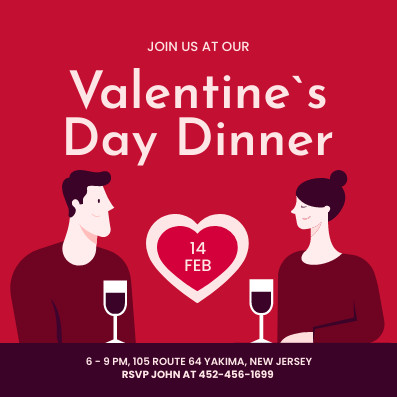 Red Valentine's Day Illustration Dinner Invitation 397x397 template preview