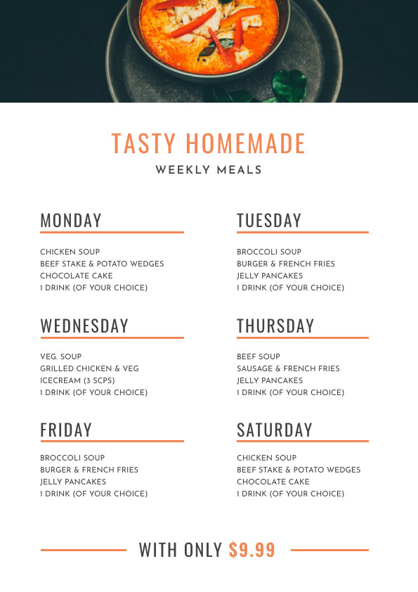 Tasty Homemade Weekly – Menu Template 595x842 template preview