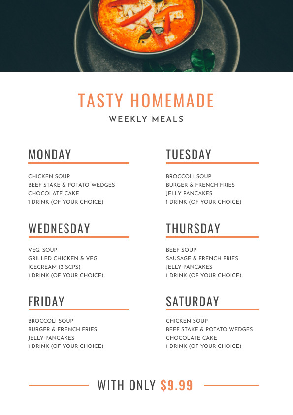 Tasty Homemade Weekly – Menu Template 595x842