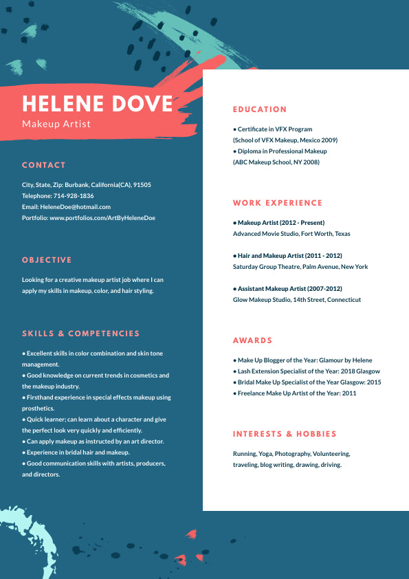 Helene Dove Makeup Artist – Resume Template 595x842