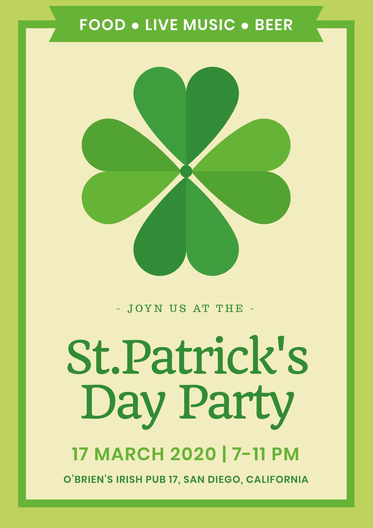 Saint Patrick's Day Clover Party –  Poster Template 1191x1684 template