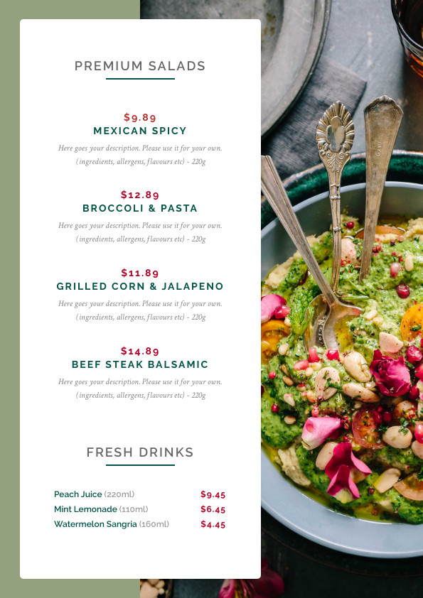 Premium Salads and Fresh Drinks – Menu Template 595x842 template preview