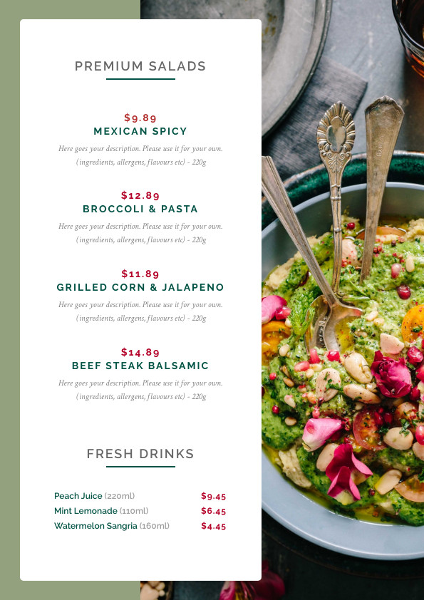 Premium Salads and Fresh Drinks – Menu Template 595x842