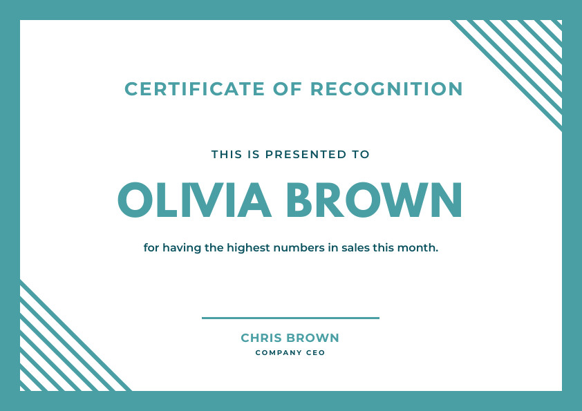 Olivia Brown Sales Recognition – Certificate Template 842x595