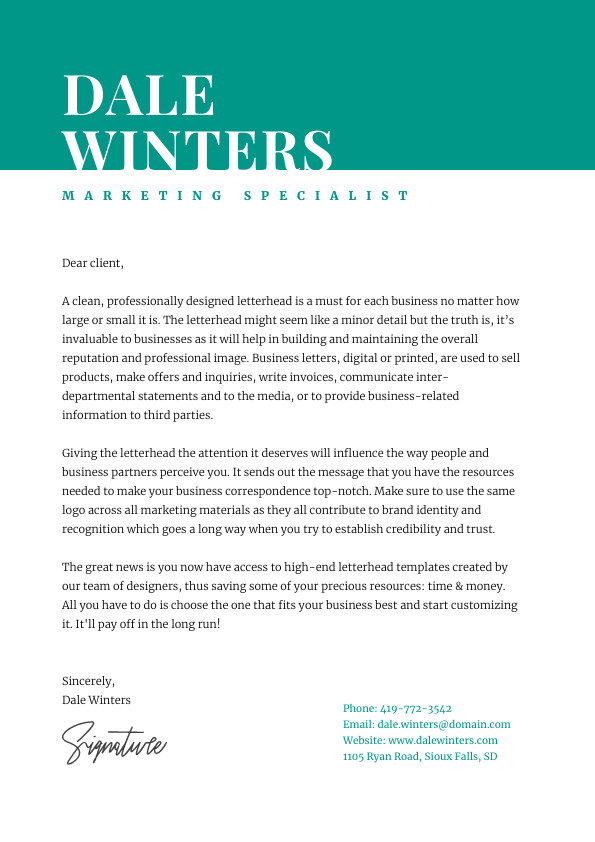 Dale Marketing Specialist – Letterhead Template 595x842 template