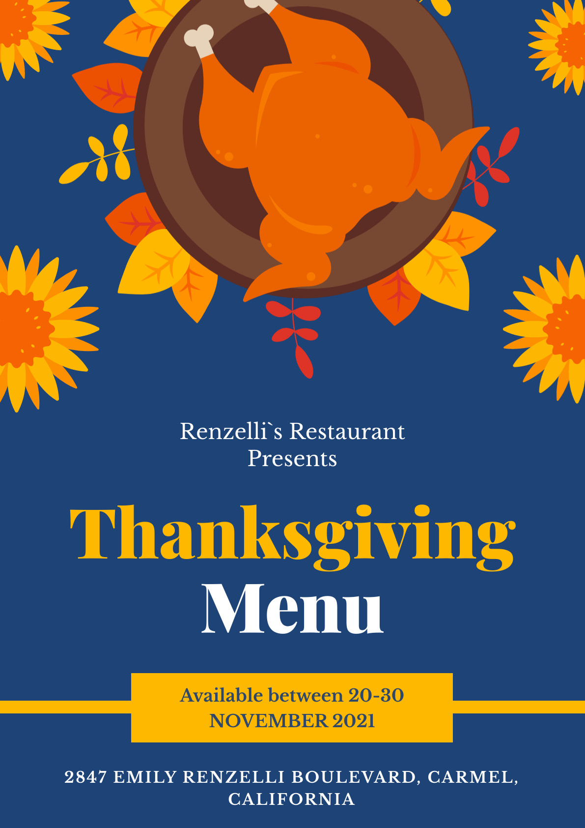 Renzelli Restaurant Thanksgiving Menu Poster 1191x1684