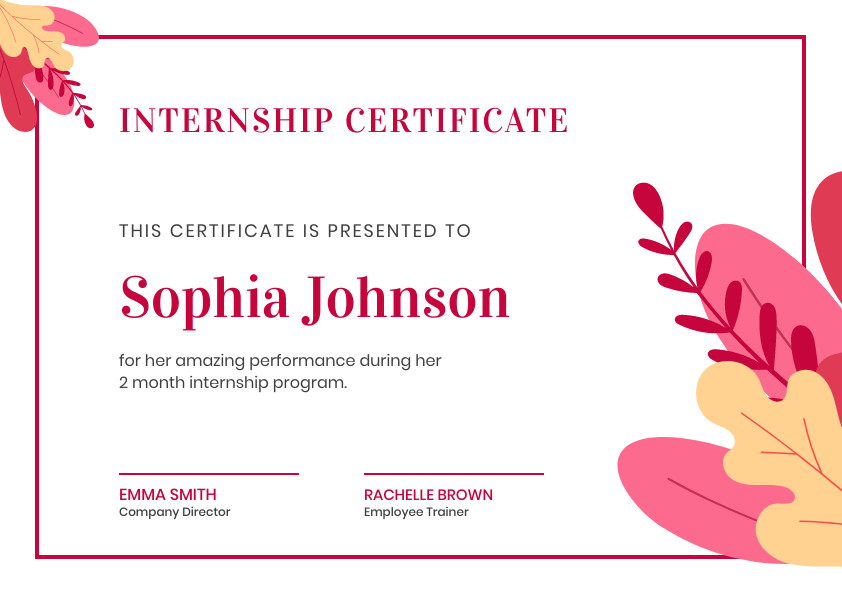 Sophie Johnson Pinky Internship – Certificate Template 842x595