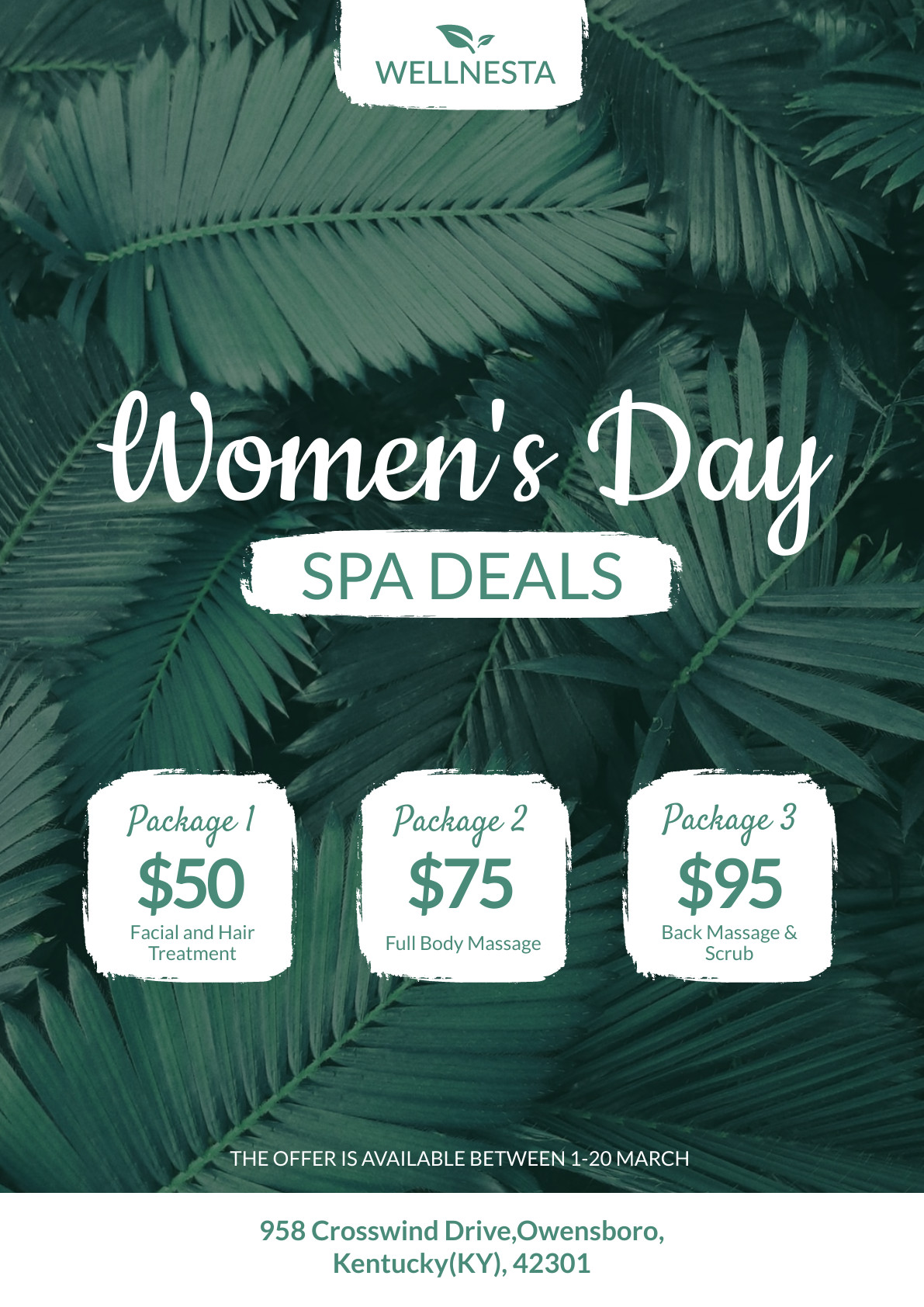 Women's Day Green Spa Deals – Poster Template 1191x1684 template preview