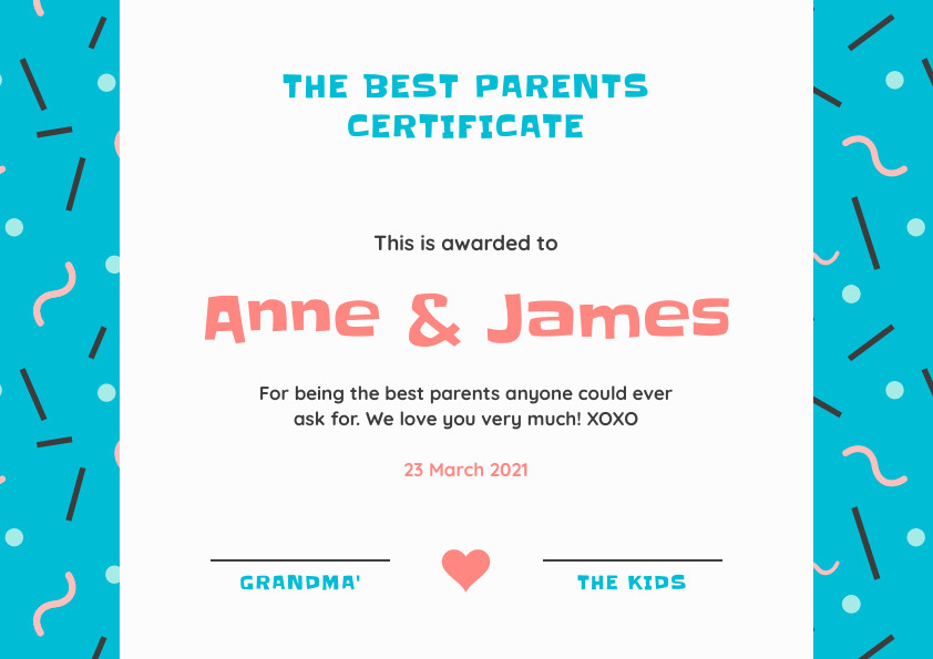 Anne and James Best Parents – Certificate Template 842x595