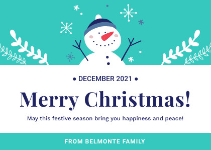 Merry Christmas Teal Snowman Card 420x298 template