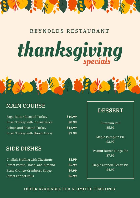 Reynolds Restaurant Special Thanksgiving Menu