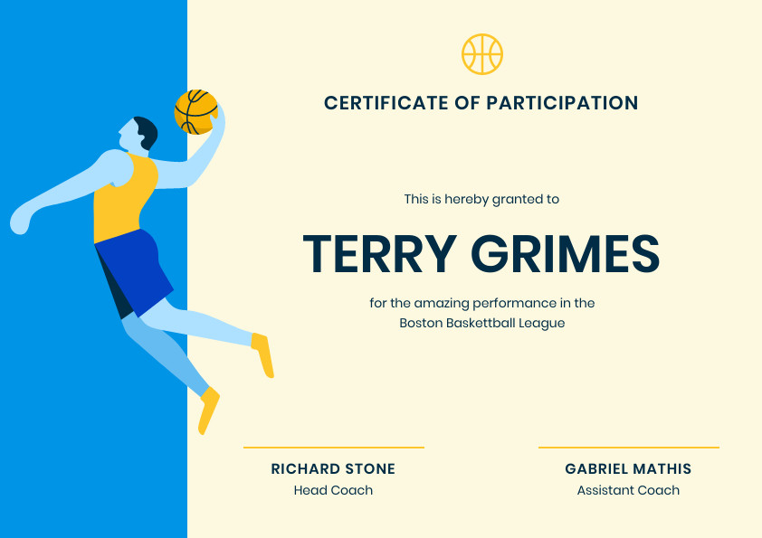 Basketball League Participation – Certificate Template 842x595