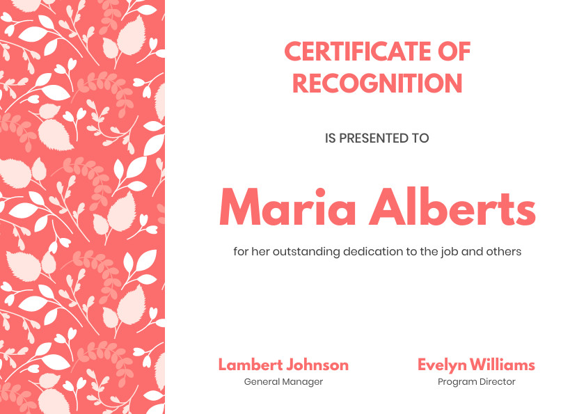 Maria Albert Pink Job Recognition – Certificate Template