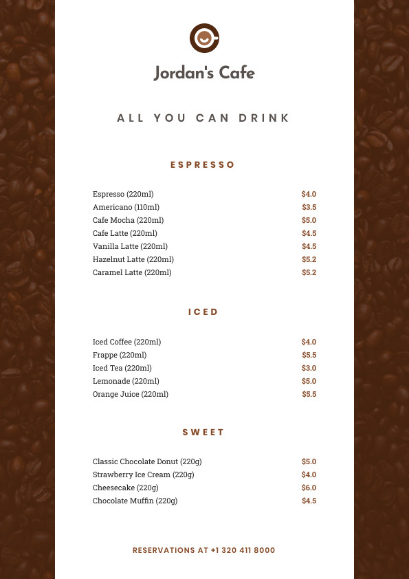 Jordan's Cafe – Menu Template 595x842 template