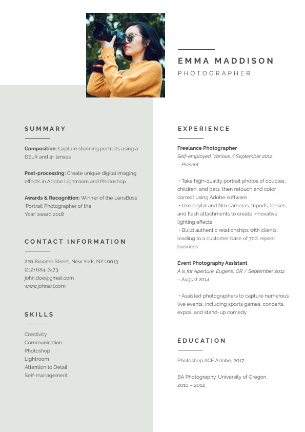 Emma Maddison Photographer – Resume Template 595x842 template preview