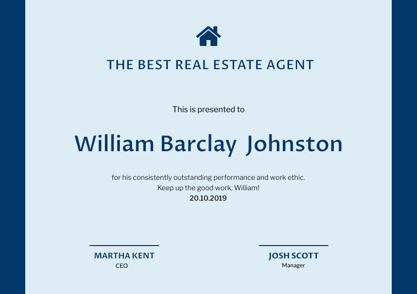 William Best Real Agent  – Certificate Template 842x595