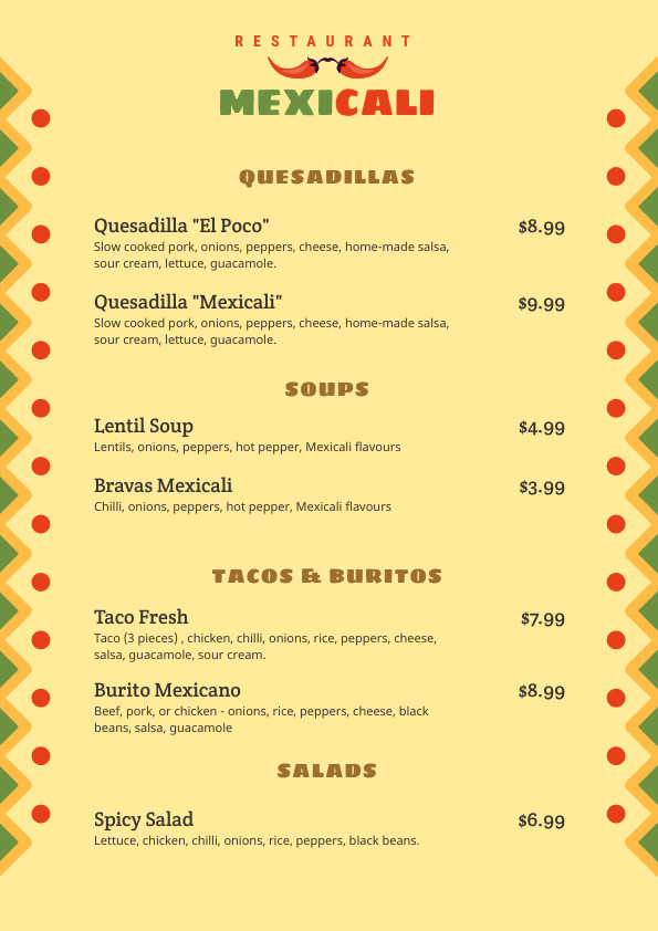 Mexicali Restaurant –  Menu Template 595x842